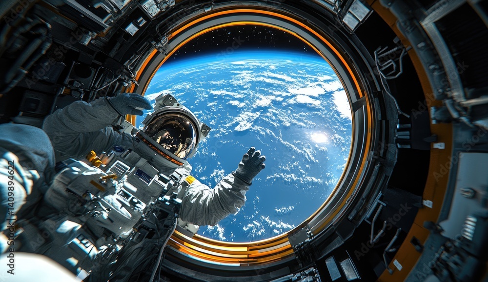Obraz premium Astronaut Floats with Earth View from Spacecraft Window in Outer Space with Sun Light Reflections Orbiting Around Globe in Blue Sky