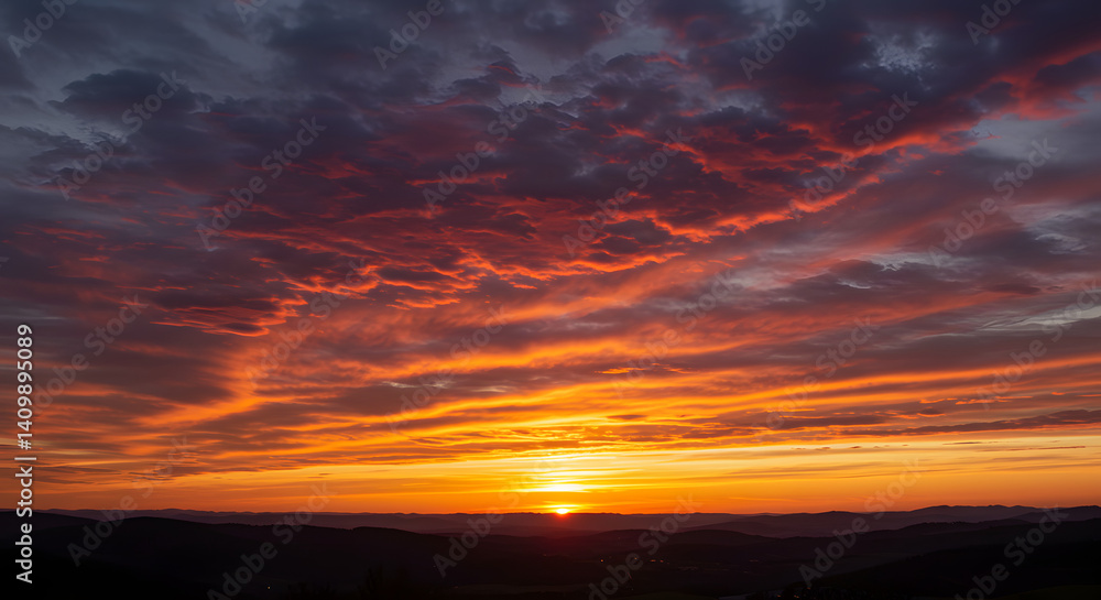 Fiery Sunset Landscape: Dramatic Cloudscape in Warm Hues Fiery Sunset Landscape: Dramatic Cloudscape in Warm Hues