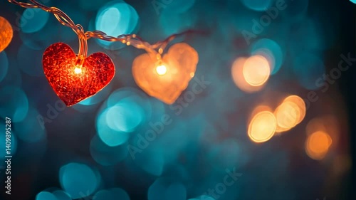Heartfelt Illumination: A string of radiant heart-shaped lights casts a warm and romantic glow against a backdrop of bokeh, evoking feelings of love and affection.
