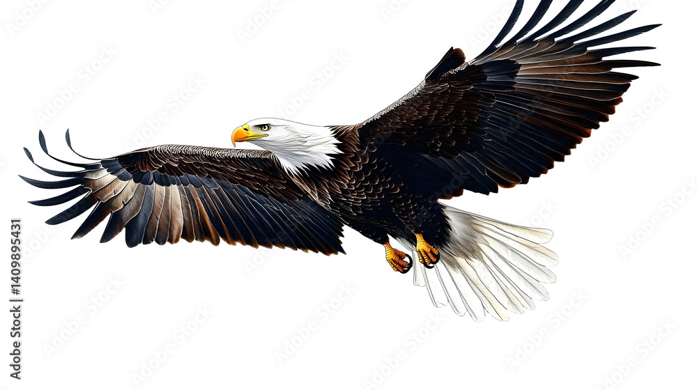 Obraz premium A bald eagle flying in sky in wild. Vector illustration art drawing.
