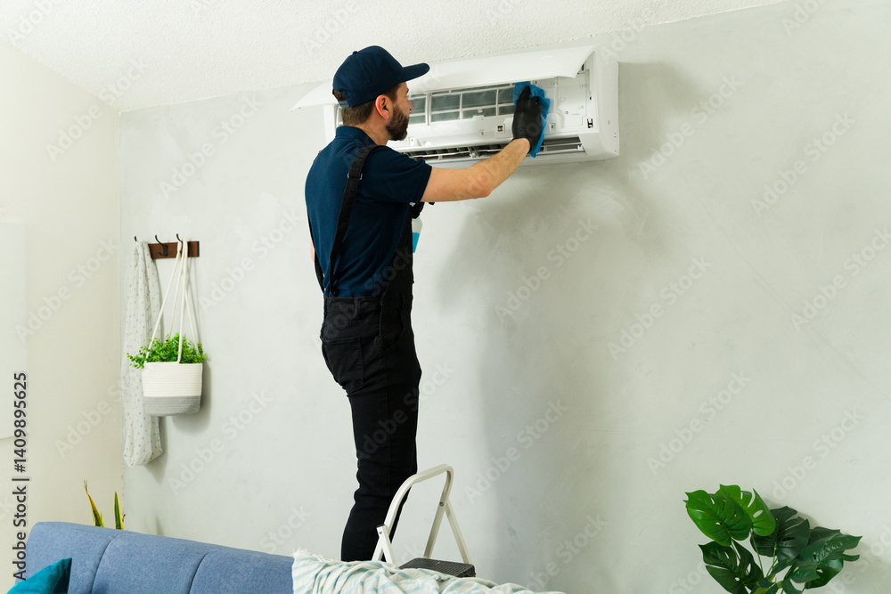Male technician cleaning air conditioning unit with detergent and sponge