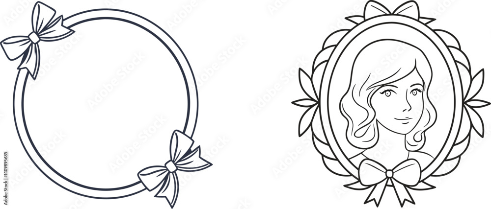 Fototapeta premium Elegant Decorative Outlines Of A Bow Circle Frame And A Portrait Cameo