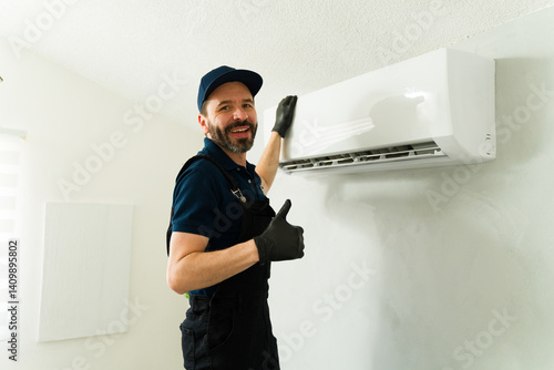 Quadro su tela Portrait of a male technician installing air conditioner and giving thumbs up