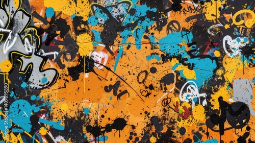 A high definition photo of a dark orange background covered in black, gray, blue and yellow graffiti art, anime, 