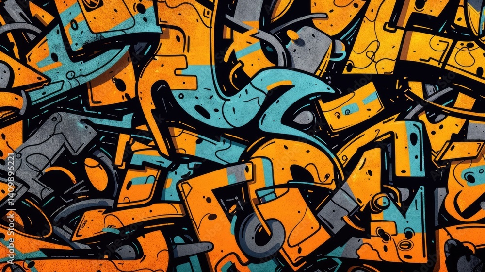 Obraz premium A high definition photo of a dark orange background covered in black, gray, blue and yellow graffiti art, anime, 