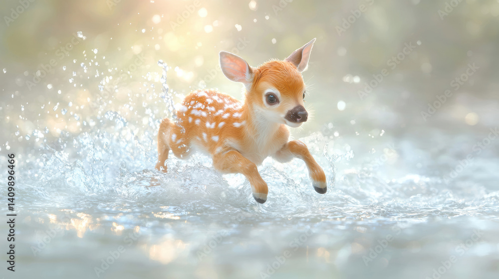 baby reindeer joyfully jumps through sparkling water, creating splashes around it. scene captures innocence and playfulness of wildlife in serene environment baby reindeer joyfully jumps through sparkling water, creating splashes around it. scene captures innocence and playfulness of wildlife in serene environment