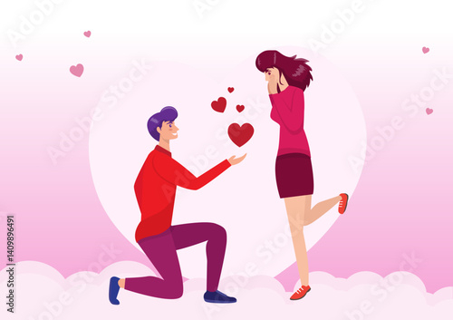 two young lovers on the background of the moon in the shape of hearts A man seeks the love of a woman with a big heart. vector illustration