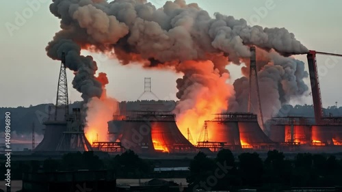 Industrial Plant Fire With Thick Black And Orange Smoke