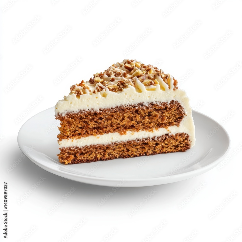 Delicious Slice of Creamy Cake with Nuts on a White Plate Delicious Slice of Creamy Cake with Nuts on a White Plate
