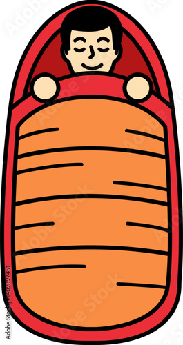 A man sleeping in a red sleeping bag