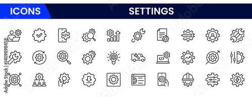 Vector illustration web line icon collection featuring gears, sliders, and control panels symbolizing configuration, preferences, customization, user settings, and system optimization tools.