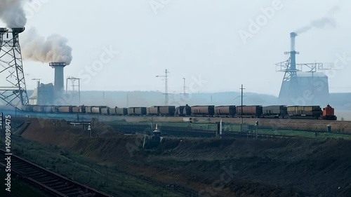 Long Freight Train Passes Industrial Complex Under Smoky Sky