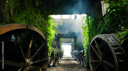 Overgrown Train Car Ruins with Rusty Wheels