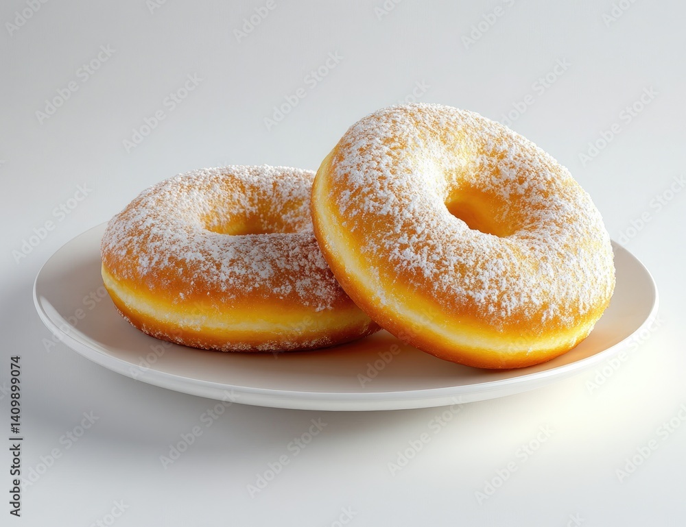 Two powdered sugar donuts on a white plate Two powdered sugar donuts on a white plate