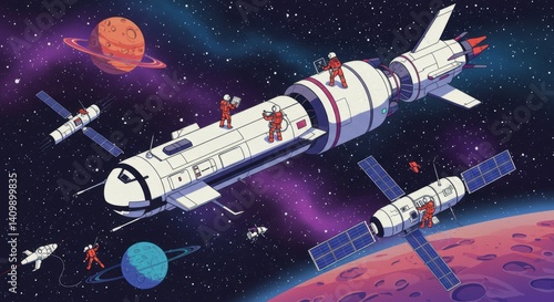 Wallpaper Mural Astronauts explore futuristic spaceships and satellites in colorful outer space adventure Torontodigital.ca