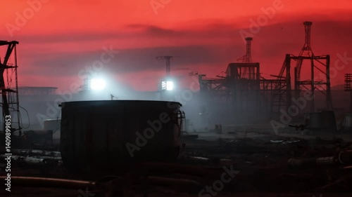 Red Sky Over Abandoned Industrial Ruins at Dusk