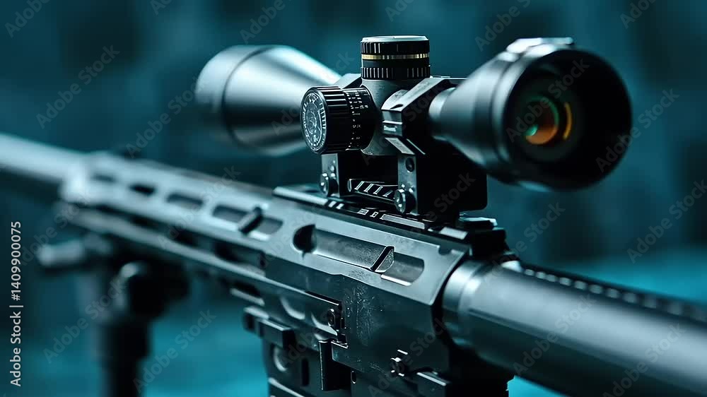 Close-up of a precision rifle with scope setup Close-up of a precision rifle with scope setup
