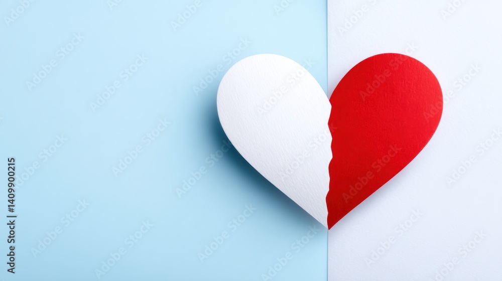 A split heart shape in red and white on a light blue background, symbolizing love and emotions. A split heart shape in red and white on a light blue background, symbolizing love and emotions.