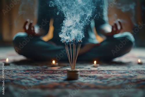 The image depicts a person in meditation, surrounded by candles and incense that are burning