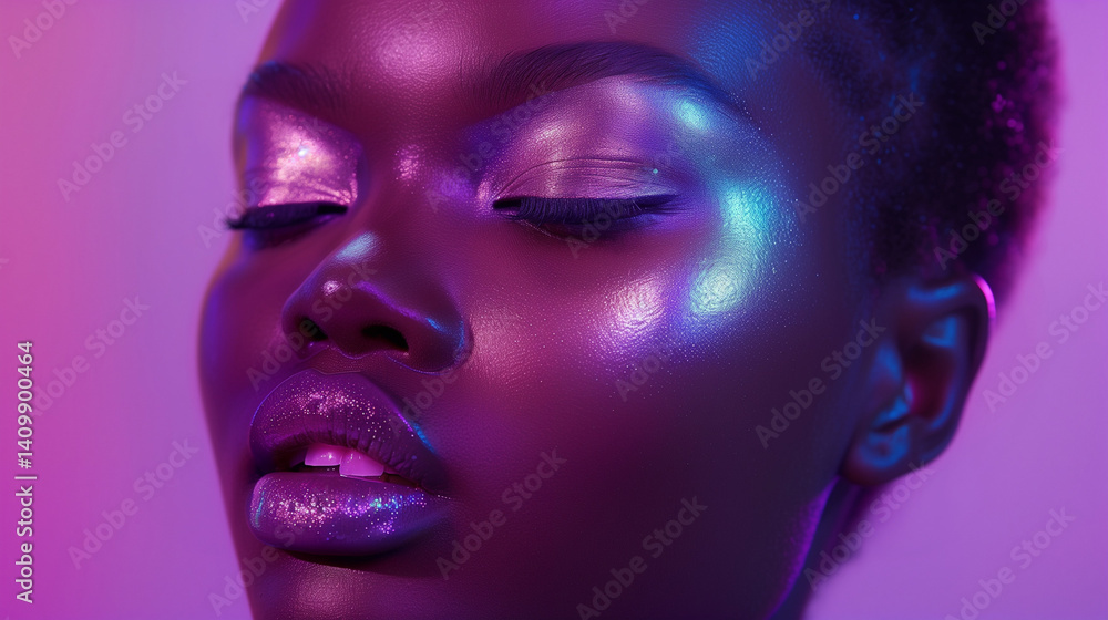 Woman with Glitter Makeup and Eyes Closed, Lit with Purple and Blue Lights, Closeup Woman with Glitter Makeup and Eyes Closed, Lit with Purple and Blue Lights, Closeup