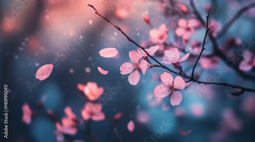 The scene features cherry blossoms in full bloom, their pink petals floating gently to the ground in the breeze, with a hazy and ethereal background