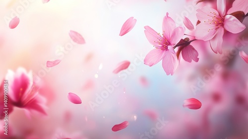 The blossoms are in full bloom, their vibrant pink petals floating softly to the ground as the breeze stirs, with a blurred and ethereal background