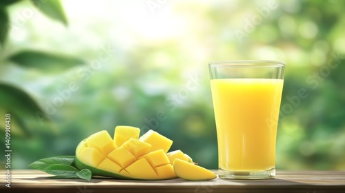 In a tropical outdoor setting, a refreshing glass of mango juice is paired with a plate of sliced mango, all beneath a sunny sky surrounded by lush greenery