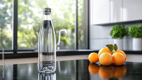 A modern kitchen is characterized by its sleek black countertops, fresh oranges, and an abundance of sunlight streaming through the windows, which generates a warm ambiance