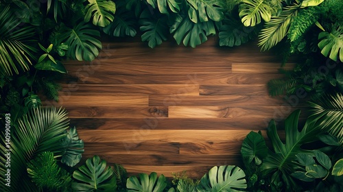 The top view of a rustic wooden surface featuring a green foliage edge is a perfect nature-inspired design texture for use in backgrounds and presentations