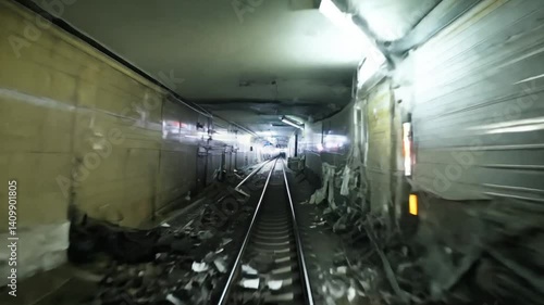 Subway Train Moving Through Dark Tunnel