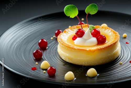 The dessert is shown in close-up, with the camera's shallow depth of field highlighting its intricate details