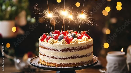 Celebratory Cake: A delectable, multi-layered cake, adorned with fresh berries and sparklers, radiates warmth and cheer, evoking feelings of festivity and special occasions.