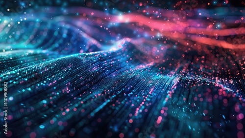 Abstract picture micro light sparkling particle represent data flow vivid flowing wave with high tech background, create digital effect scene perfect for energetic and fantasy wallpaper design. AIG53.