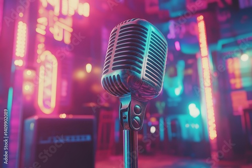 A karaoke bar featuring an array of colorful lights, microphones, and enthusiastic singers