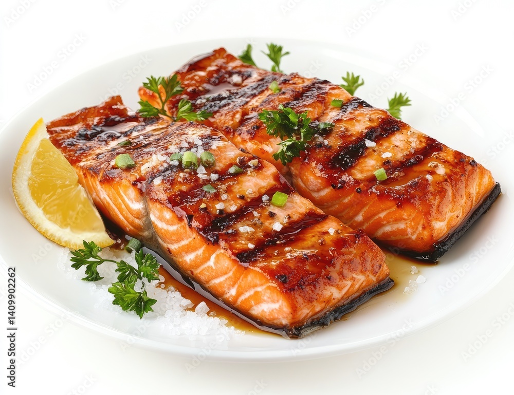 Grilled salmon fillets, glazed, garnished with lemon & herbs Grilled salmon fillets, glazed, garnished with lemon & herbs