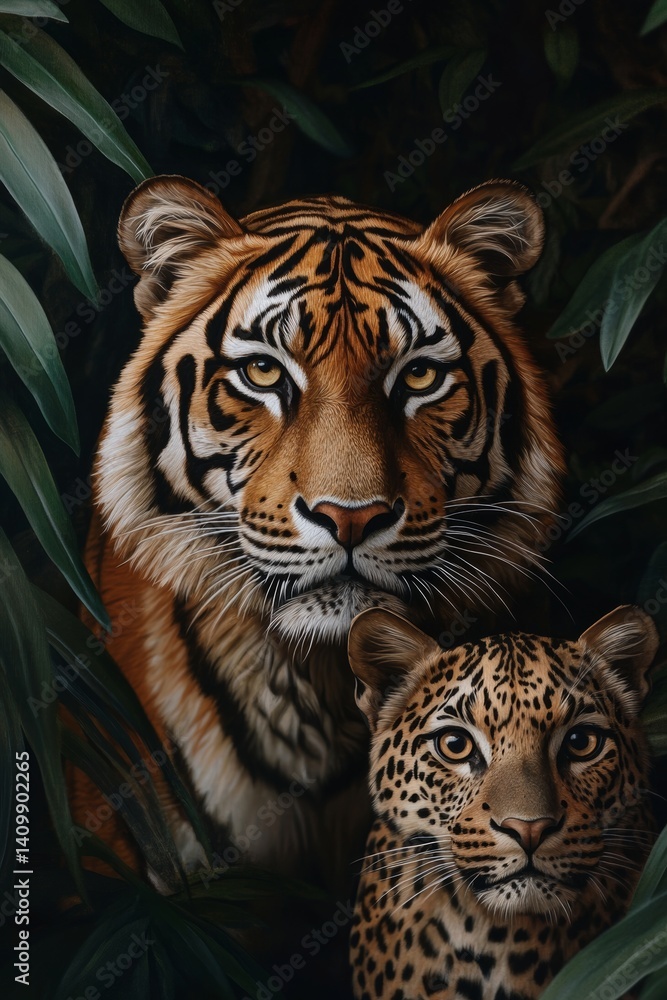 The jungle is the setting for a close-up of a resting tiger and leopard The jungle is the setting for a close-up of a resting tiger and leopard