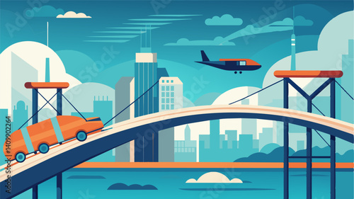 A snapshot of the future with air taxis effortlessly gliding above a monumental multifunctional bridge that serves as a transportation hub for the bustling metropolis.. Vector illustration
