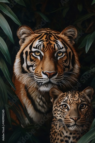 The jungle is the setting for a close-up of a resting tiger and leopard