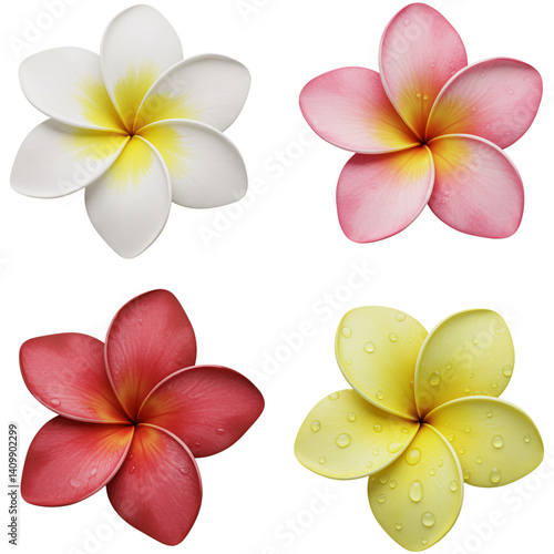 This image showcases four stunning plumeria flowers in vibrant colors: white, pink, red-pink, and yellow