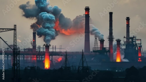 Nighttime Industrial Plant with Glowing Smokestacks and Dark Smoke Plumes
