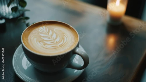 Latte Art in White Mug on Dark Wooden Table
