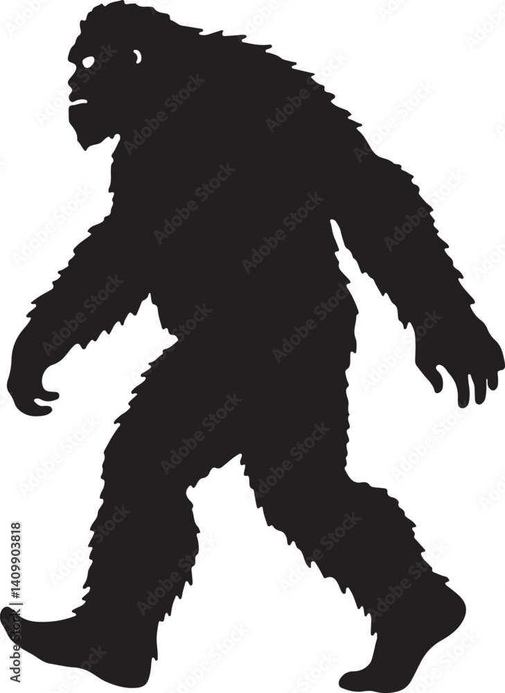 Fototapeta premium Walking Bigfoot Silhouette – Mythical Creature IllustrationSasquatch in Motion – Hand-Drawn Forest Legend ArtMonochrome Yeti Sketch – Cryptid in the Wild