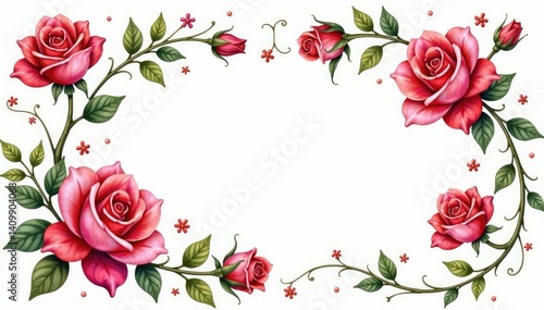 Intricate watercolor roses, swirling vines, delicate leaves, fabric, bloom