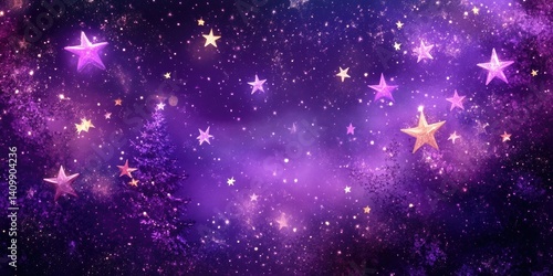 Magical purple night sky with glowing stars and trees