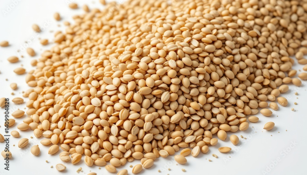Close-up of a mound of golden sesame seeds, highlighting their texture and color, suitable for culinary, health, or food industry themes. Close-up of a mound of golden sesame seeds, highlighting their texture and color, suitable for culinary, health, or food industry themes.