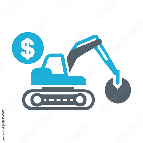 Excavator with Dollar Symbol Icon Representing Construction Investment and Equipment Cost