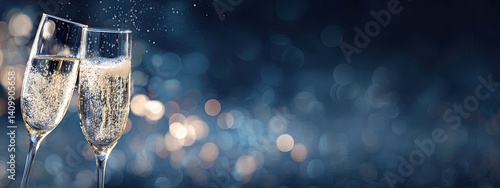 Two Champagne Flutes Toasting Against a Sparkling Blue Background