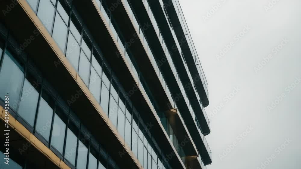 Abstract Facade of a Tall Modern Architecture with Glass Windows and Neutral Concrete Texture Against Cloudy Sky