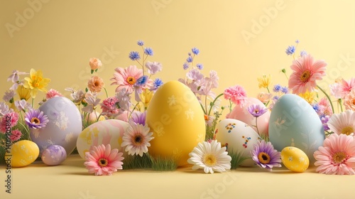 Easter decoration chick ornaments festive banners. Colorful Easter Eggs with Flowers on a Soft Yellow Background Decorative Arrangement Still Life.