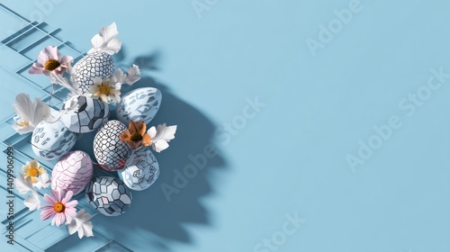 Easter decoration chick ornaments festive banners. Decorative Easter Eggs and Blossoms on Light Blue Background Holiday Celebration Still Life Composition.